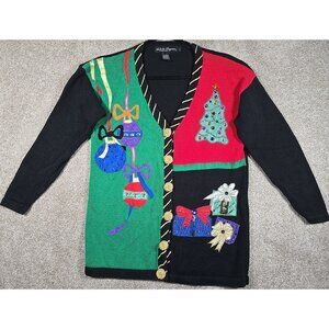 Work in Progress Gladys Bagley Christmas Patchwork Cardigan Sweater Women's L